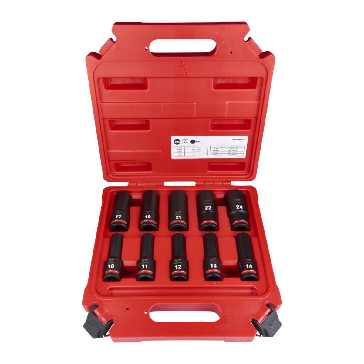 Krafthylssats Milwaukee 1/2" Långa 10-del - KRAFTHYLSSATS 1/2" DJUP 10P MILWAUKEE 4932480457