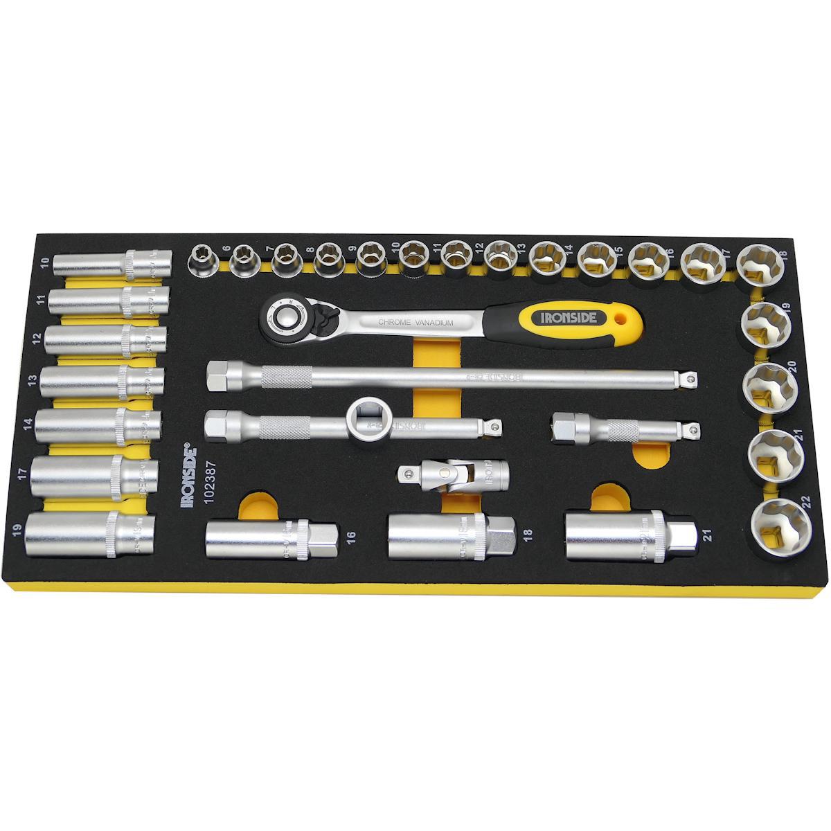 Hylsnyckelsats Ironside 3/8" modul, 33 delar - INBYGGNADSMODUL IRONSIDE 3/8" HYLSNSTS FL.DR 33DEL 102689