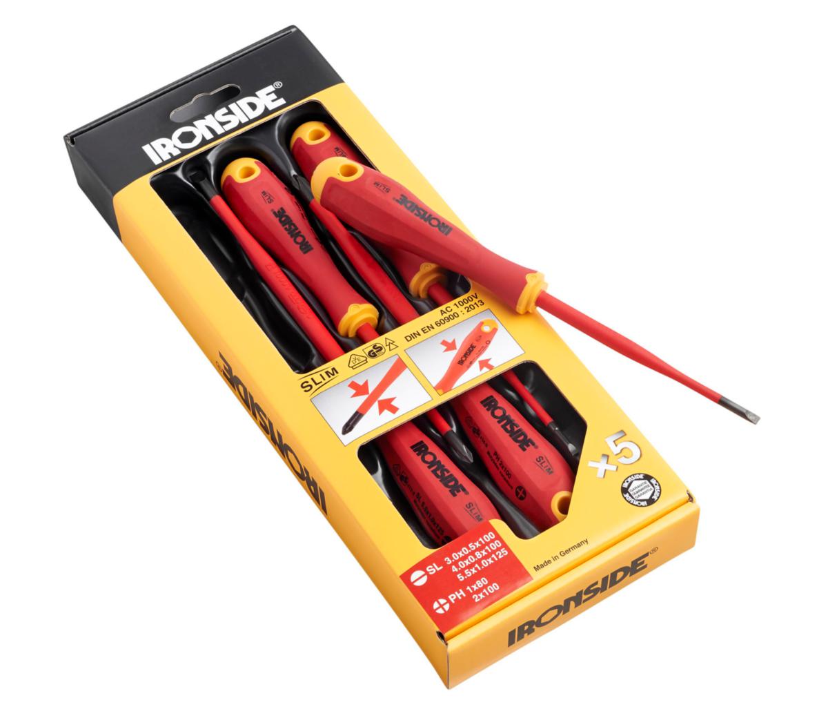 Skruvmejselsats Ironside Slim 1000V - SKRUVMEJSELSATS 1000V SLIM 5ST 2-KOMP.IRONSIDE 100641