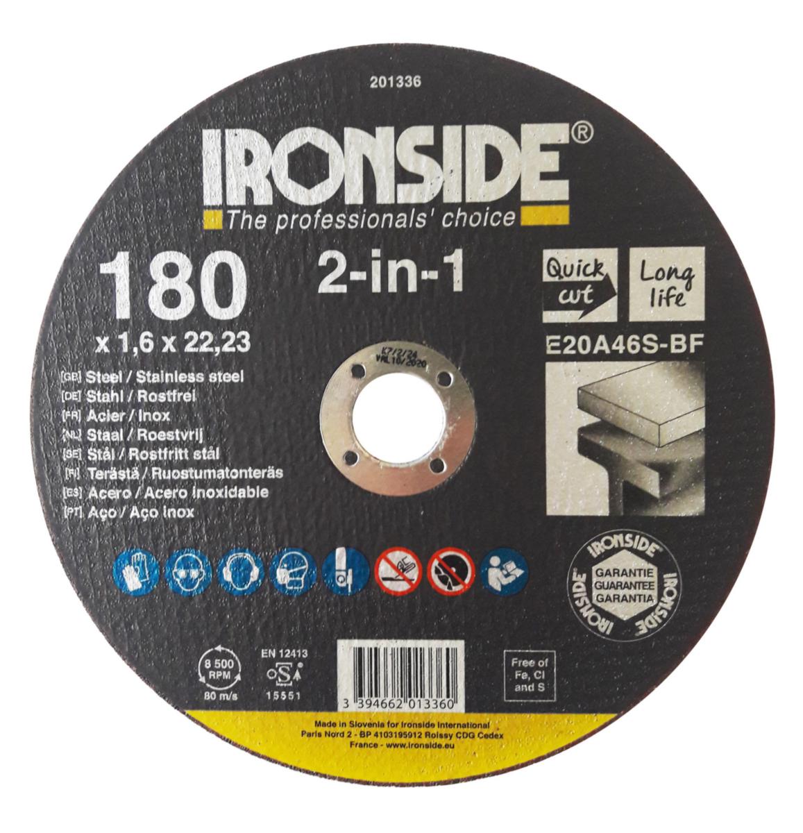 Kapskiva Ironside F41 Stål/rostfritt stål - KAPSKIVA IRONSIDE 180X1.6X22MM F41 E20A   2IN1  201336