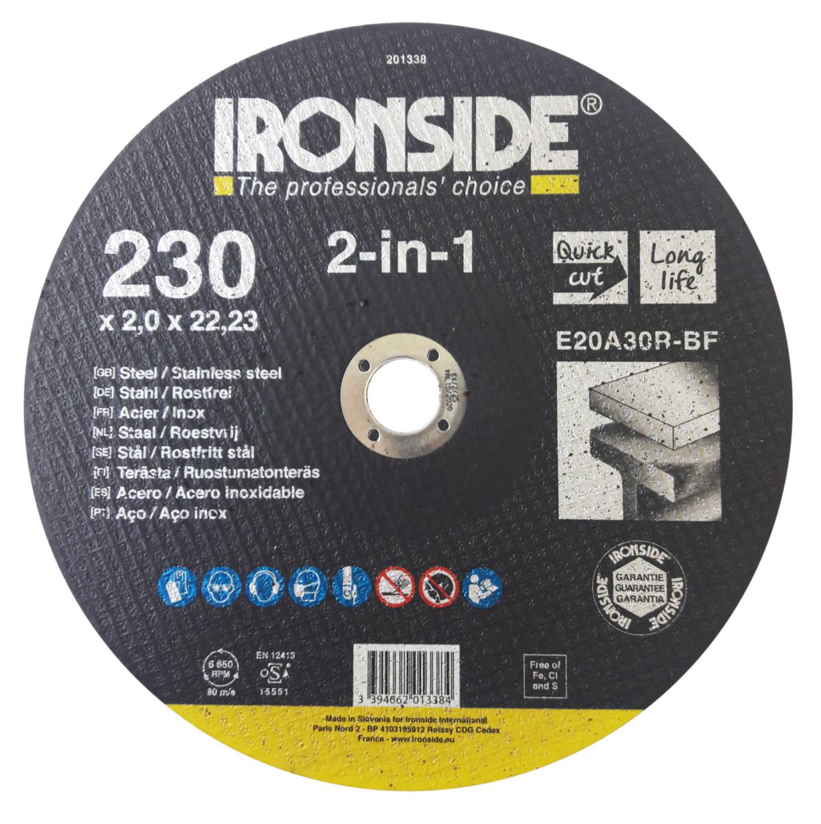 Kapskiva Ironside F41 Stål/rostfritt stål - KAPSKIVA IRONSIDE 230X2.0X22 F41  E20A  2IN1  201338
