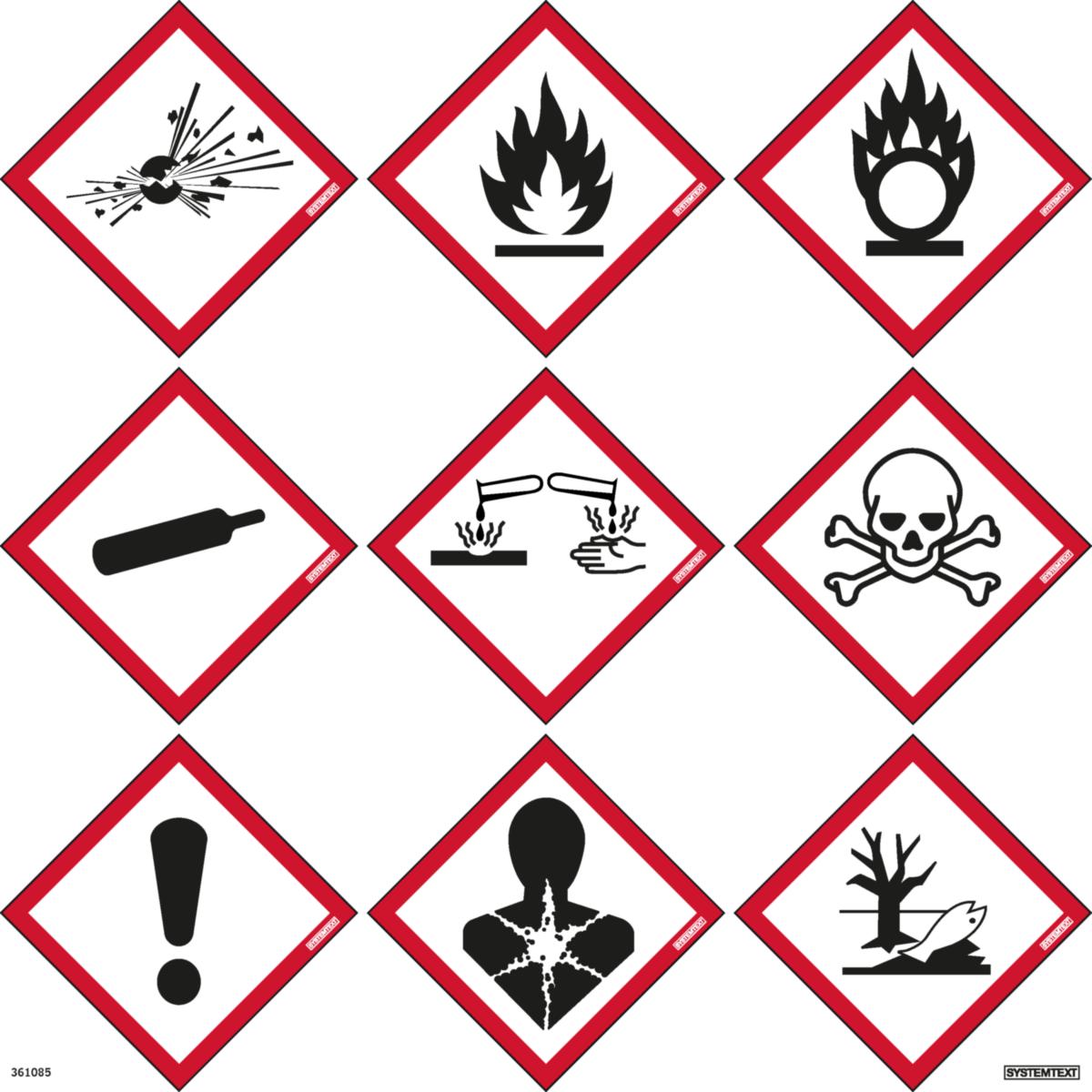 Symbolskylt Pictogram "Fara" - SKYLT "FAROPIKTOGRAM CLP" SET 9 ST MAGNETDEKALER 85X85MM