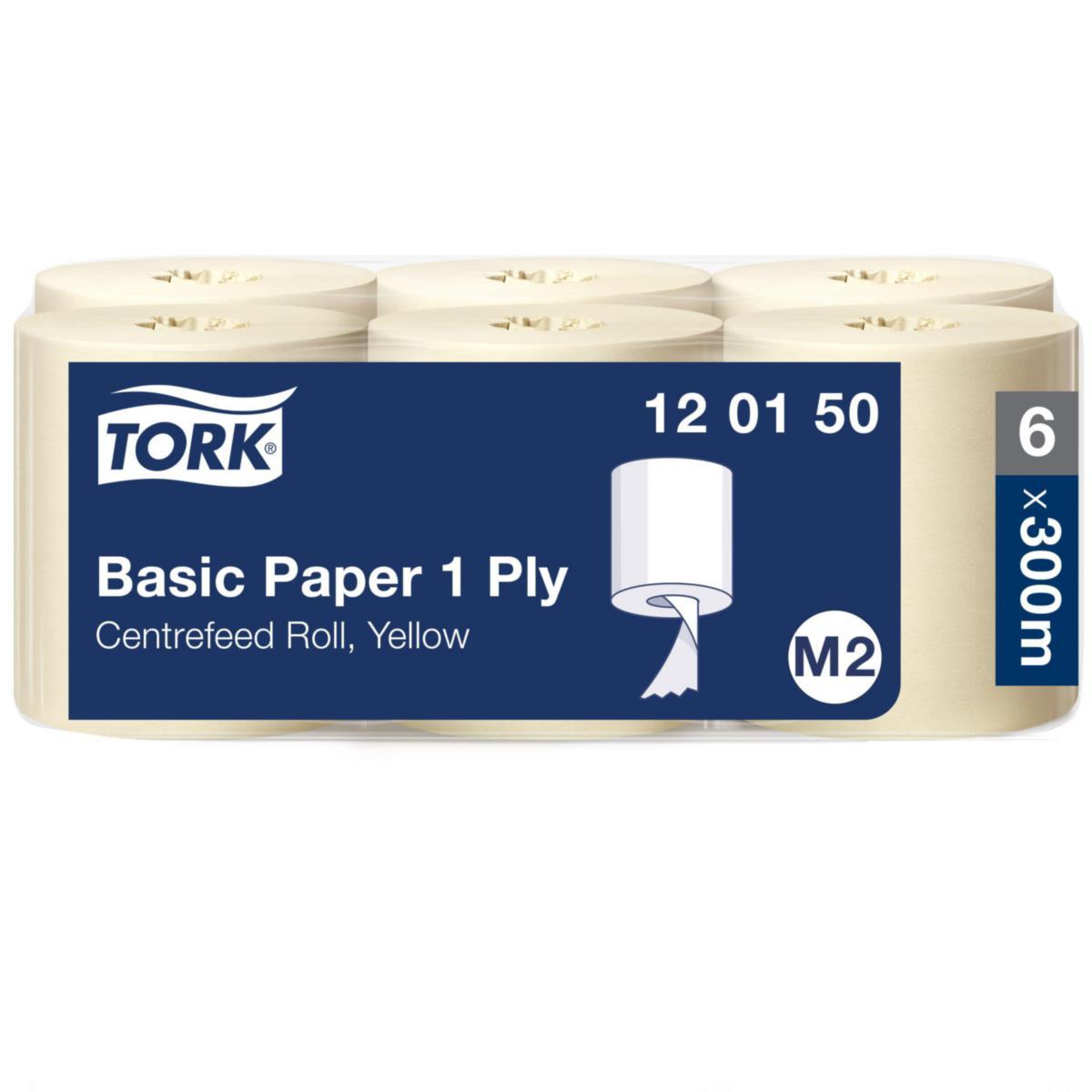 Avtorkningspapper Tork M2 - TORKRULLE TORK BASIC PAPPER M2 CENTRUMMATAD GUL 300M