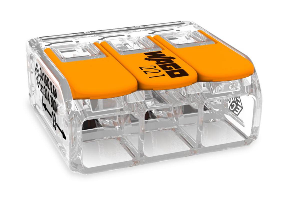 Kopplingsklämma 221 Wago för alla ledartyper - KOPPL.KL 3POL ÖPPN.BAR 6MM2 OBS PRIS /ST FÖRP. (30ST)