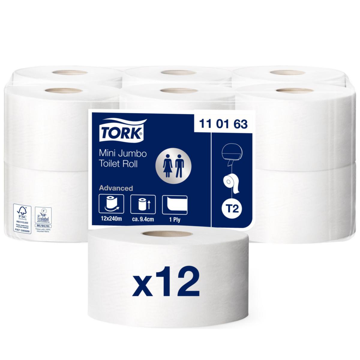 Toalettpapper Mini Jumbo T2 - TOALETTPAPPER ADVANCED MINI T2 JUMBO VIT 240M/RL 12RL 110163