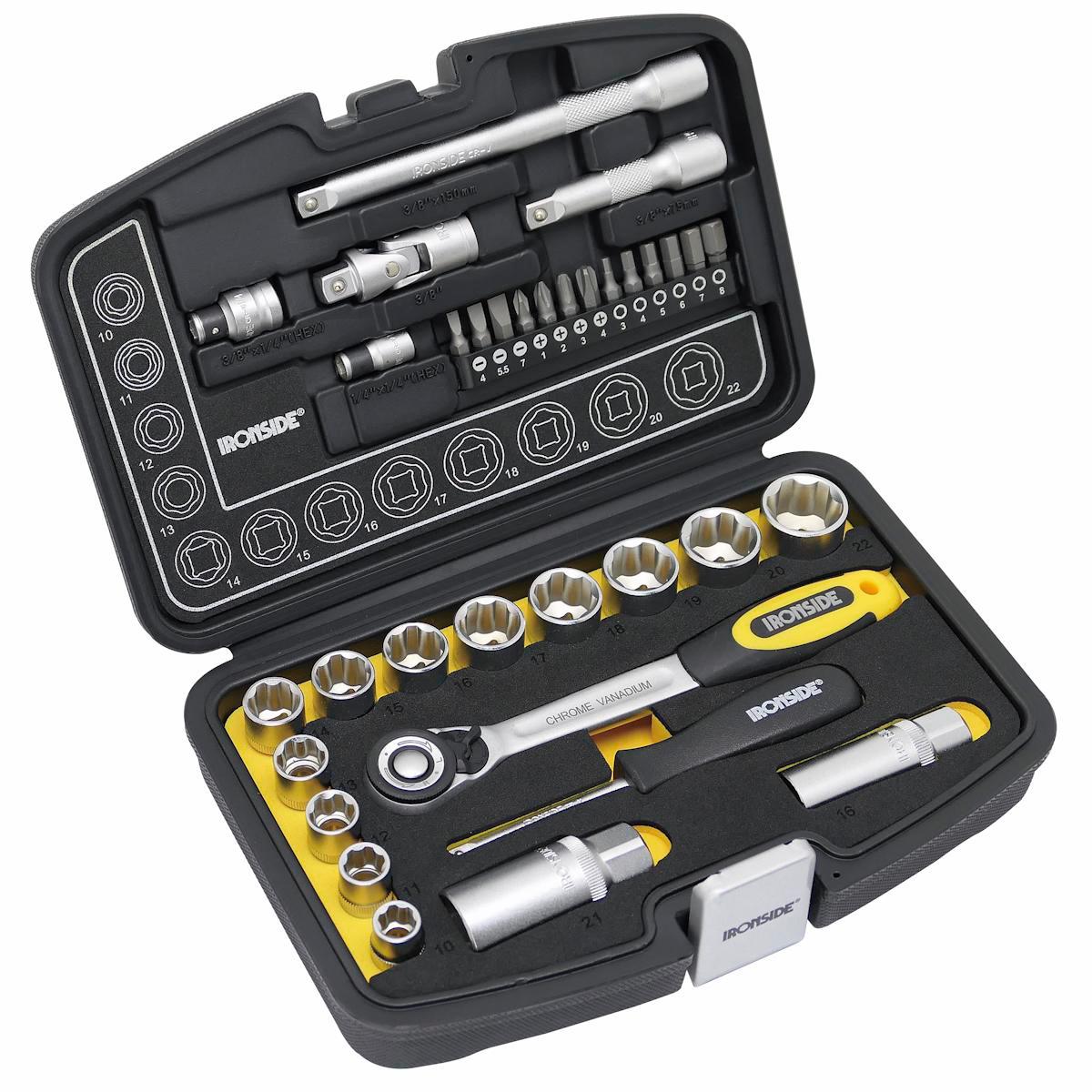 Hylsnyckelsats Ironside 3/8", (1/4") 34 delar - HYLSNYCKELSATS IRONSIDE FL.DR 3/8. (1/4)" 34 DELAR 102672