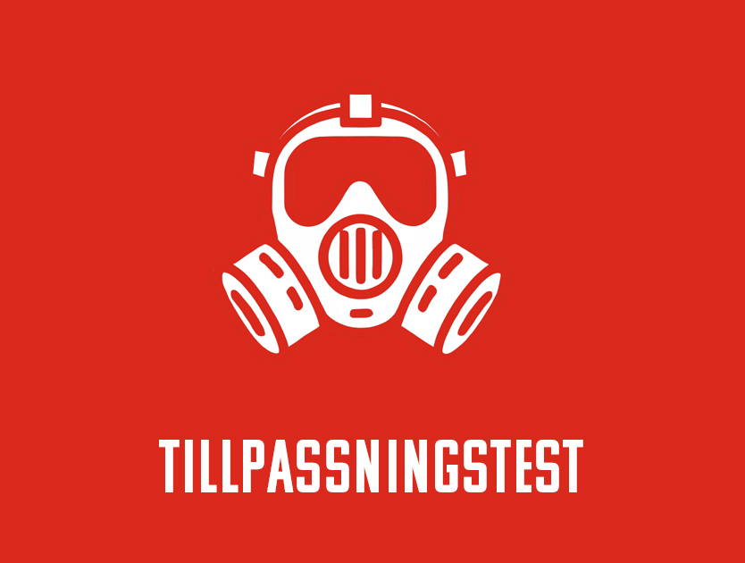 informationsbild med  röd bakgrund och en vit andningmask ikon och vit text tillpassningstest