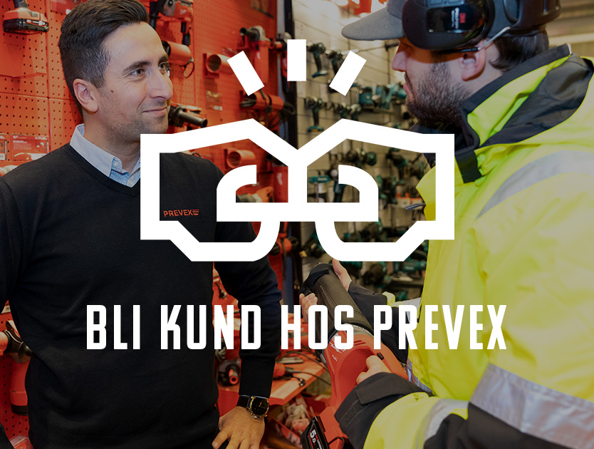 informationsbild med texten bli kund hos Prevex, två människor står i bakgrunden 