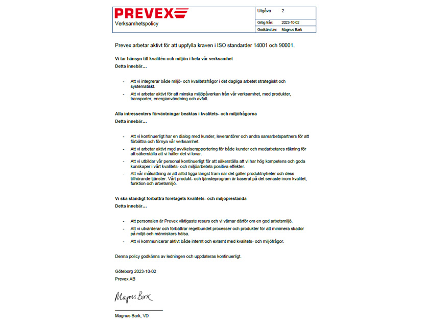prevex verksamhetspolicy